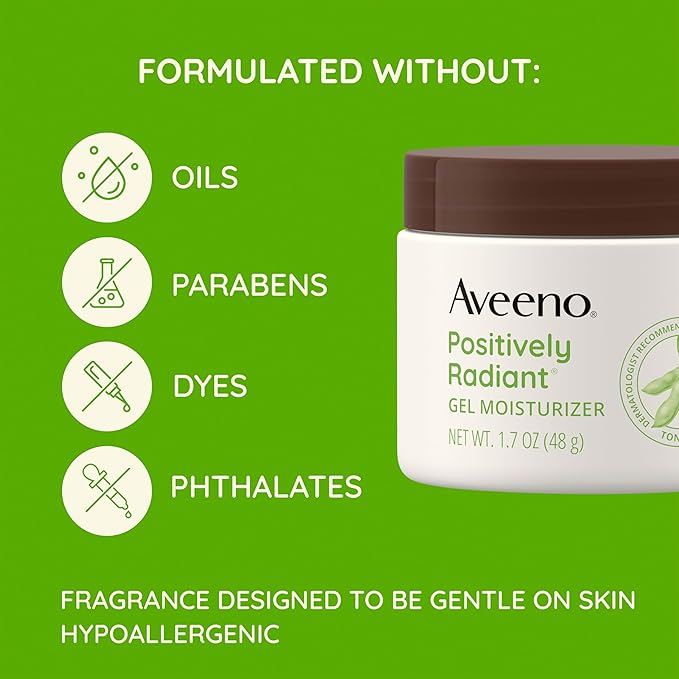 Aveeno Positively Radiant Daily Gel Facial Moisturizer with Hyaluronic Acid & Tone-Correcting Soy, Hydrating & Brightening Gel Face Cream Evens Skin Tone & Texture, Hypoallergenic, 1.7 oz