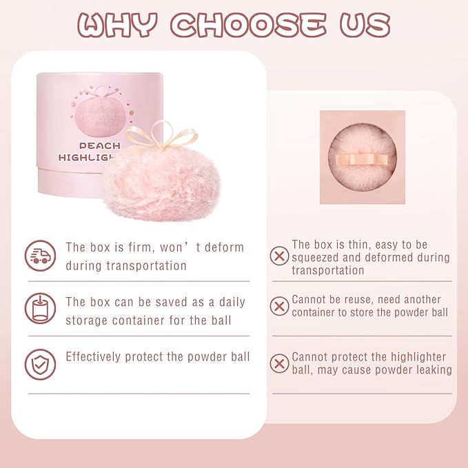 Highlighter Makeup Powder Plush Peach Ball Puff Glitter Shimmer Sparkle Loose Patting Powder for Body Face Hair Multi-Use High Gloss Shine Bright Illuminator Makeup Glossy Diamond Glow