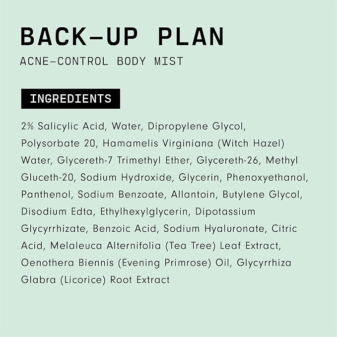 Versed Back-Up Acne Control Body Mist - All Over Blemish Spot Treatment + Salicylic Acid Spray with Tea Tree Oil & Witch Hazel - Oil Control + Redness Relief Acne Spray for Back & Body - Vegan (3 oz)