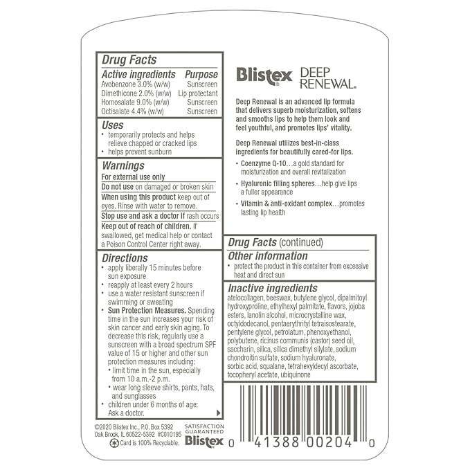 Blistex Lip Protectant Sunscreen Deep Renewal Anti-Aging Formula 0.13 Ounce (3.69g) (Value Pack of 4)