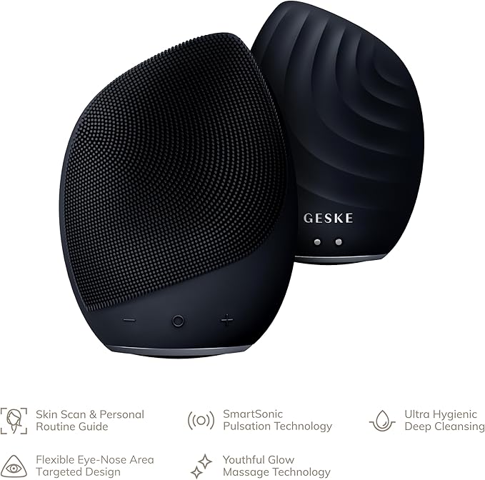 GESKE SmartAppGuided Sonic Facial Brush 5 in 1 | Vibrating Electric Cleansing Brush | Soft Silicone | Professional Cleanser | Skin Exfoliator | Face Massager