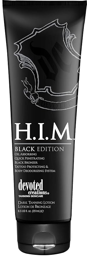 Devoted Creations H.I.M. Black Edition, Oil Absorbing Quick Penetrating Black Tan Lotion Bronzer, 8.5 oz.