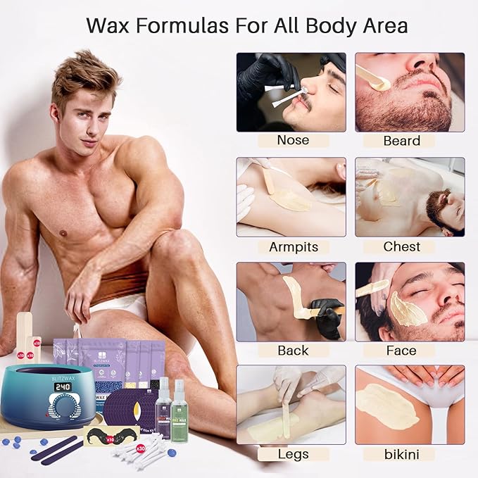 BLITZWAX Back and Nose Waxing Kit for Men, Hard Wax Warmer for Brazilian, Body and Face, At Home Hair Removal Kit, Beginner Friendly, Quick Heating, 93 Accessories, Blue Waves