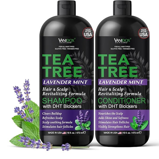 Tea Tree Shampoo and Conditioner Set with Lavender and Mint | DHT Blockers | With 100% Pure Tea Tree Oil for Itchy, Dry Scalp | Sulfate & Paraben Free | For Men & Women | 16 fl oz Each