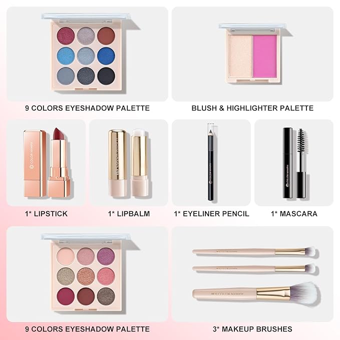 Color Nymph Beginner Makeup Set, Full Starter Cosmetics Set for Teenager Girls with Eyeshadow Palette Blush Lipstick Lip Pencil Eye Pencil Brush Mascara Portable Bag