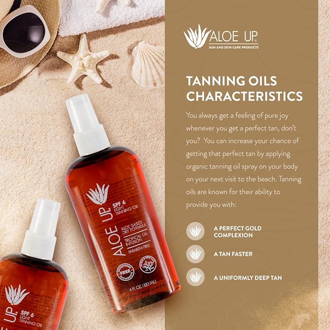 Aloe Up Light Tanning Oil With SPF 6 Sunscreen - Body and Face Tanning Oil for Outdoor Sun - With Pure Aloe Vera Oil and Natural Oils - Absorbs Quickly - Reef Friendly - Fresh Tropical Scent - 4 Oz