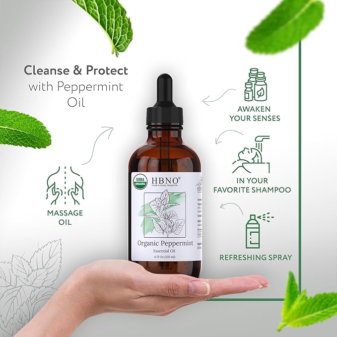 HBNO California Bottled Organic Peppermint Essential Oil (Mentha Piperita) 4 fl oz (120ml) - USDA Certified Organic Peppermint Oil for Hair - Perfect for Aromatherapy