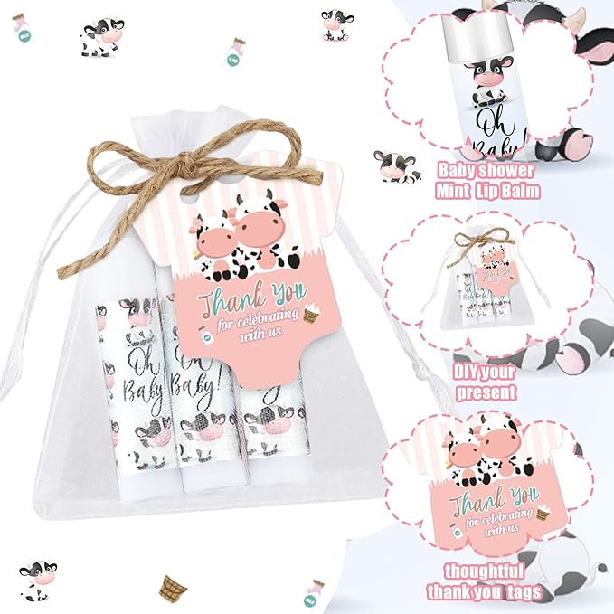 Demissle 50 Pcs Baby Shower Lip Balm Gift Set with 100 Pcs Organza Bags Baby Shower Party Favor for Guest Thank You Tag Rope Baby Shower Party Decoration Gender Reveal Souvenirs(Cow)