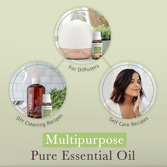 Pranarom USDA Certified Organic Rosemary Cineole Essential Oil (15ml), 100% Pure Undiluted Therapeutic Grade from Tunisia for Aromatherapy, Diffuser, Meditation, Massage, Relaxation