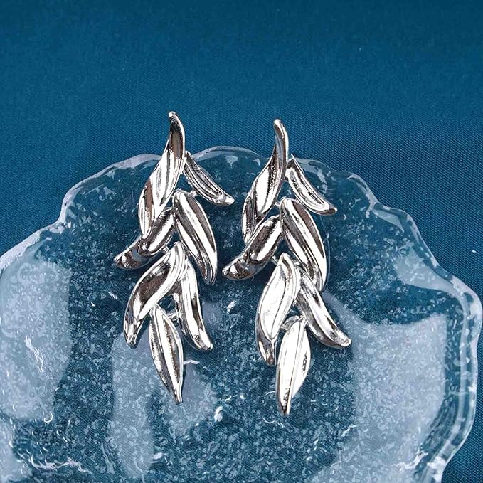 Statement Leaf Dangle Drop Earrings Vintage Silver Leaf Cluster Drop Earrings Punk Large Leaf Dangle Earrings Bridal Earring Wedding Prom Earring Jewelry for Women and Girls