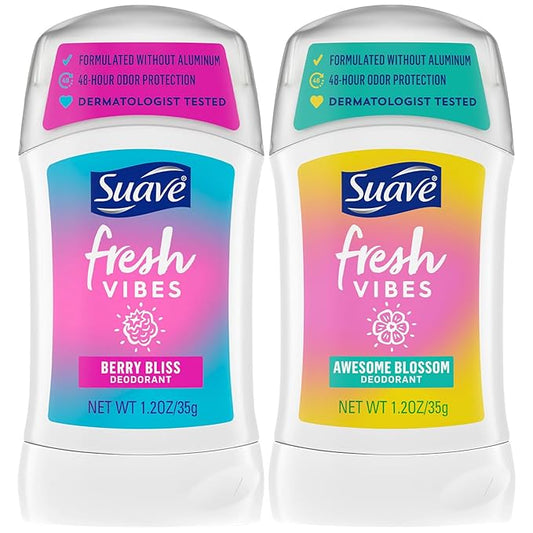 Suave Aluminum-Free Deodorant, Kids & Teen Girls – Fresh Vibes Berry Bliss & Awesome Blossom, 48H Protection, 1.2 Oz Ea