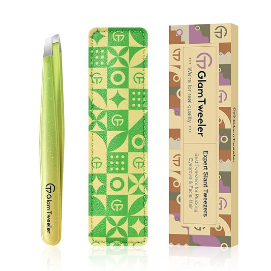 Expert Eyebrow Hair Removal Tweezer with Leather Case, GlamTweeler High Precision Slant Tip Stainless Steel Tweezers for Men and Women (Sparkle Apple Green & Yellow)