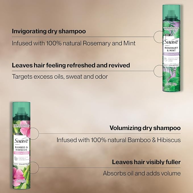 Suave+ Dry Shampoo Spray Variety 2-Pack – Invigorating Rosemary & Mint + Volumizing Bamboo & Hibiscus, 4.3 Oz Ea
