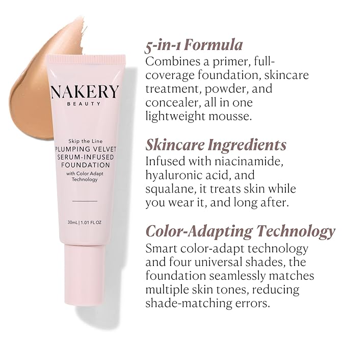 Nakery Full Coverage Foundation for Women - 5 in 1 Plumping Liquid Foundation Makeup - Serum Infused Makeup Foundation Smart Color Adapt with Niacinamide & Hyaluronic Acid for All Skin Types - Light