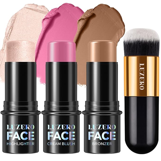 Lezero 3Pcs Contour Stick Makeup Kit, Shades with Highlighter, Blush and Bronzer Stick for Sculpt the Face and All Skin Type, Long Lasting, Smooth, Dewy & Matte Finish, #1 LIGHT FAIR