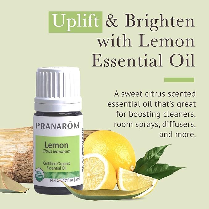 Pranarom USDA Certified Organic Lemon Essential Oil (5ml), 100% Pure Undiluted Therapeutic Grade from Argentina for Aromatherapy, Diffuser, DIY, Cleaning, Fresh Lemon Scent