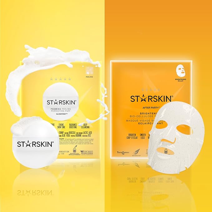 STARSKIN After Party 1x40g, Bio-Cellulose Brightening Face Mask for all Skin Types, Korean Skincare Mask infused with Vitamin C Serum and Niacinamide, Energizing and Soothing, K Beauty Skincare
