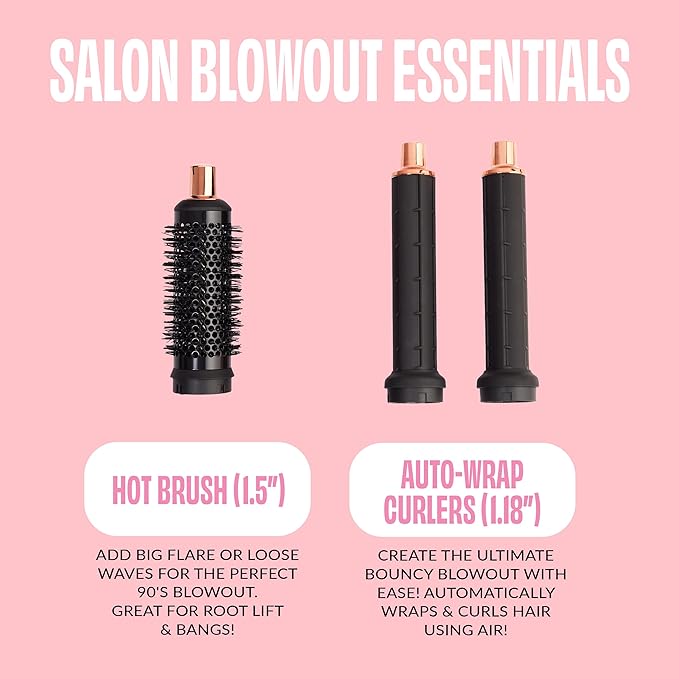 FoxyBae Super Styler Pro Interchangeable 5 in 1 Hair Styler Wand Curling Iron Set - w/Drying Cylinder, Ceramic Blowout & Round Brushes, 2 Auto-Wrap Curlers - Frizz-Free, Smooth Hair [Black Rose-Gold]