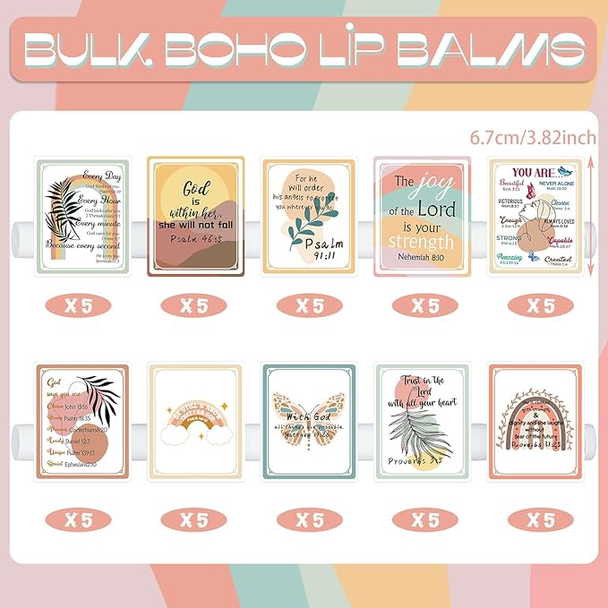 50 Pack Lip Balm Religious for Women Boho Christian Lip Balm with Scripture Bulk Lipsticks Gifts Faith Bible Verse Scripture Inspirational Gift Party Favors Coworkers 10 Styles