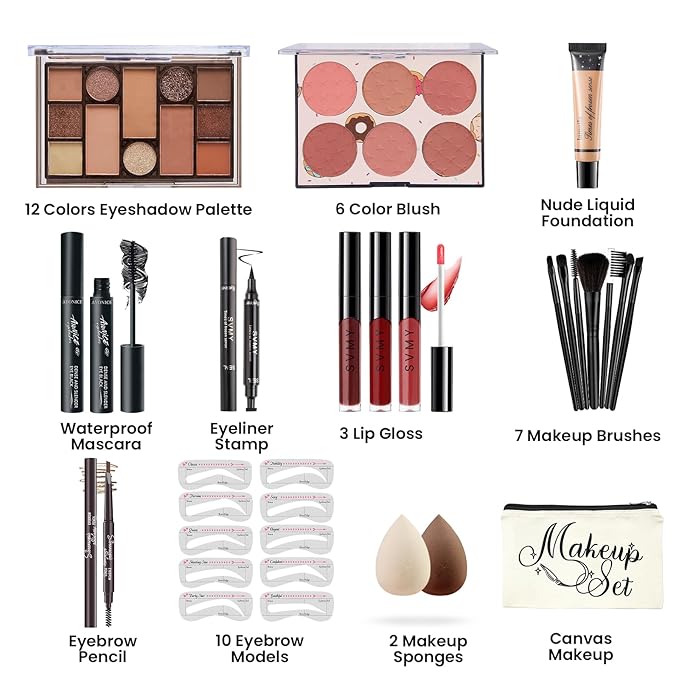 Makeup Kit for Girls Teens, Travel Makeup Kit, Facial Makeup Full Kit, Makeup Present Set for Beginners & Professionals, Cosmetic Bag Include Pigmented Blendable Eyeshadow Palette