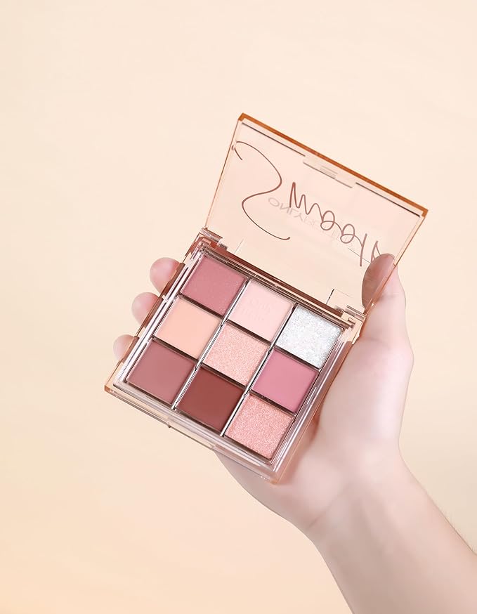 Pink Eyeshadow Palette - 9 Shades, Metallic & Shimmers, Long Lasting, Sweatproof & Waterproof