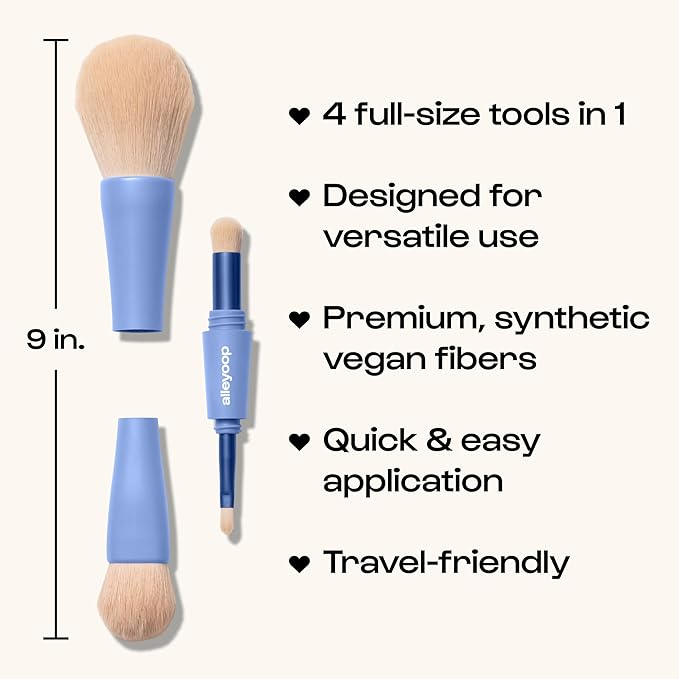 Alleyoop Overachiever 4-in-1 Travel Makeup Brush Set – Powder, Blending, Precision & Complexion Brushes – Mini Makeup Brush for Women, Vegan, Multi-Use & Travel-Friendly Makeup Tool