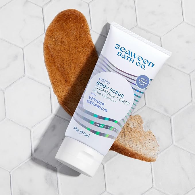 Seaweed Bath Co. Calm Body Scrub, Vetiver Geranium Scent, 6 Ounce, Sustainably Harvested Seaweed, Sea Kelp, Glycolic Acid