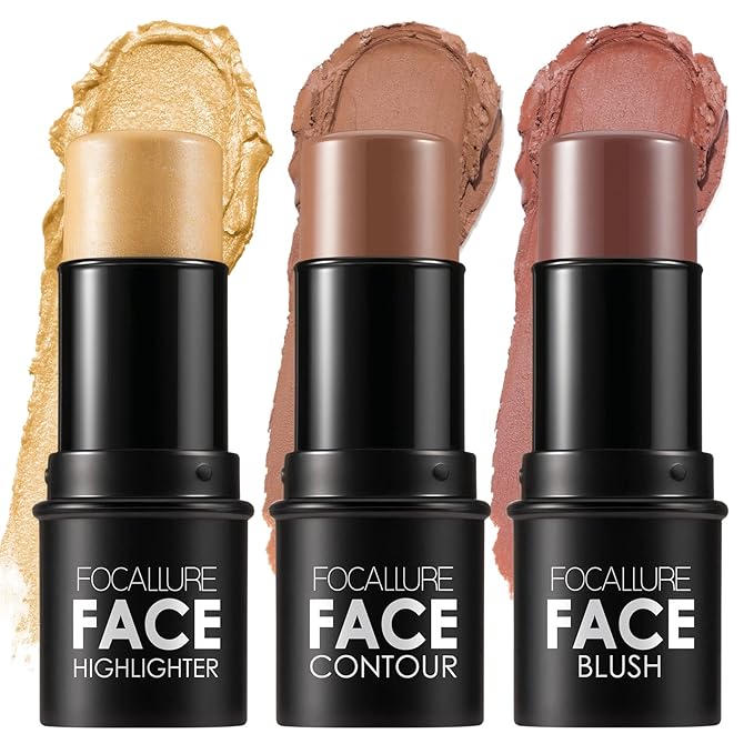 FOCALLURE 3 Pcs Cream Contour Sticks,Shades with Highlighter Finishing Makeup,MEDIUM-WARM