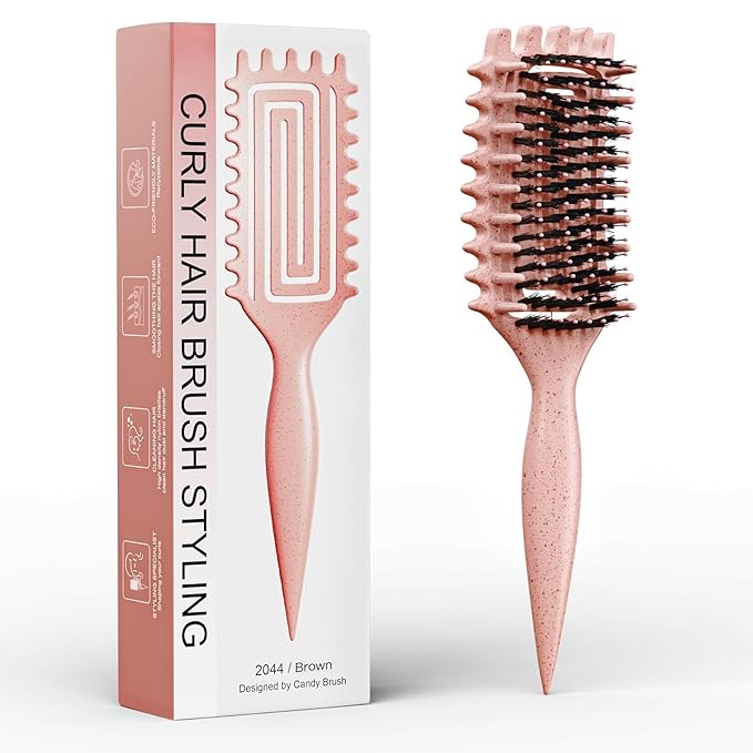 Curl Defining Brush, Curly Hair Brush Defining with Side Gear for Combing, Shaping, and Styling Curly Hair, Lightweight Candy Brush Suitable for All Wet or Dry Hair Types for Women and Men (Beige)
