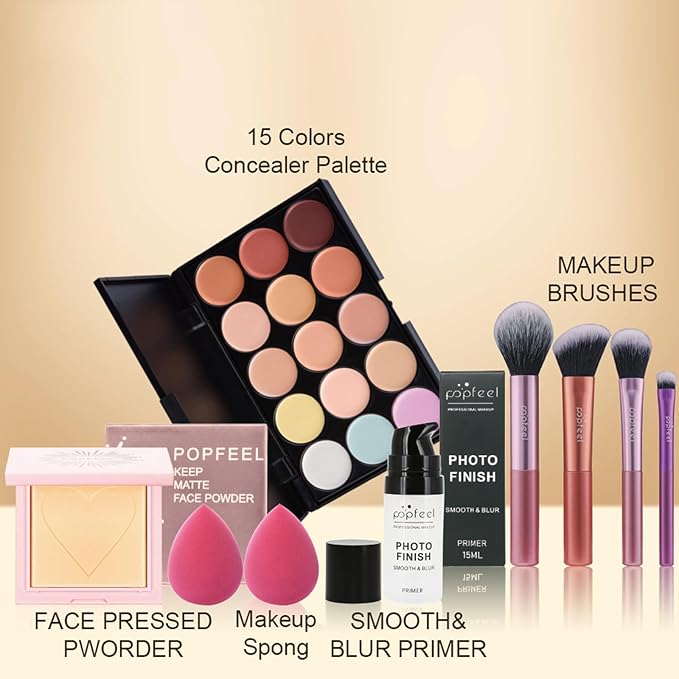 All in One Makeup Kit for Women Full Kit Girls Makeup Gift Sets Xmas Essential Bundle Include Eyeshadow Palette Lipstick Blush Concealer Eyeliner Mascara Foundation Brush Eyebrow Pencil