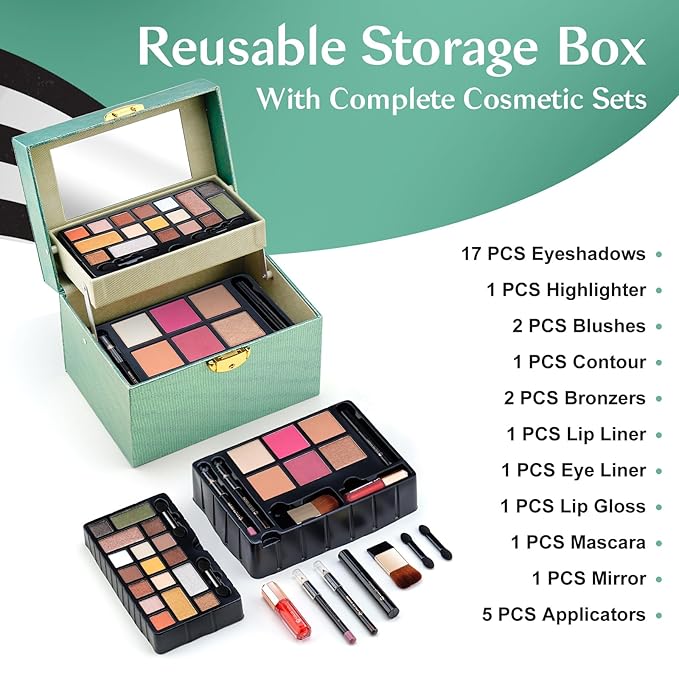 Color Nymph Beginner Makeup Kit For Teens, Girls Makeup kits With Recyclable And Key-Lockable Cabinet Included 17-Colors Eyeshadows Blushes Bronzer Highlighter Lipstick Brushes Mirror(Green)