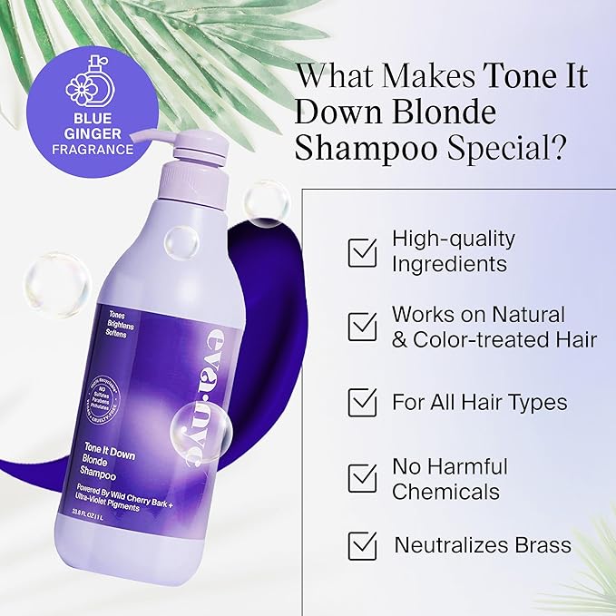 EVANYC Tone It Down Blonde Hair Shampoo, 1 L, Purple for Eliminating Brass & Yellow Tones, Vegan