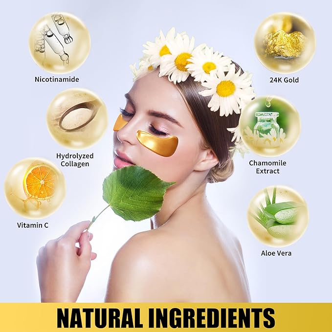 Eye Mask Under Eye Patches (20 Pairs) 24K Golden Under Eye Masks Hyaluronic Acid Eye Patches for Dark Circles and Puffiness, Reduce Wrinkles and Fine Lines Under Eye Area - Gold