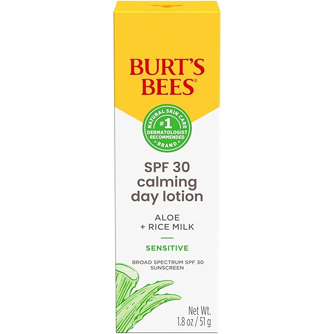 BURTS BEES SPF 30 Calming Day Face Lotion With Aloe and Rice Milk for Sensitive Skin, Sunscreen Face Lotion Soothes Redness and Irritation, 99.4 Percent Natural Origin Skin Care, 1.8 oz. Tube