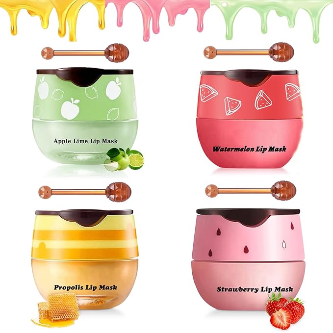 4PCS Bee Lip Balm Honey Pot,Honey Apple Lime Watermelon Lip Mask Overnight Propolis Moisturizing Lip Balm,Nourishing Sleeping Lip Mask Hydrating Prevention Dry & Cracked (4PCS)