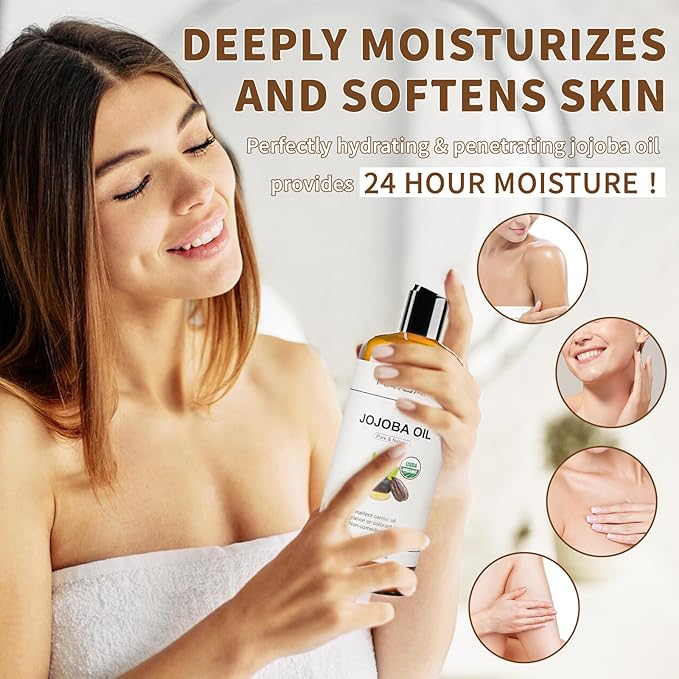 Jojoba Carrier Oil for Skin Pure Massage Oils 16 fl.oz.Cold Pressed Unrefined Natural Jojoba Oil for Hair,Face Body,Ear Stretch,Nails,Deeply Moisturizing for Essential Oils Mixing