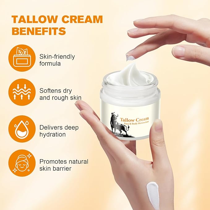 Tallow for Skin, Moisturizer Cream, Nourishing and Hydrating Skin, Organic Tallow & Honey Balm for Skin,Natural Grass-Fed Tallow Cream with Raw Honey for All Skin Care (1 PCS,60g)
