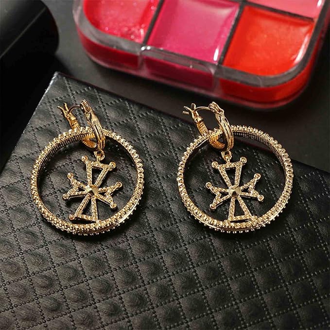 Punk Circle Cross Earrings Gold Circle Drop Dangle Earrings Brass Geometric Earrings Modern Chunky Drops Earrings Jewelry for Women and Girls Gifts