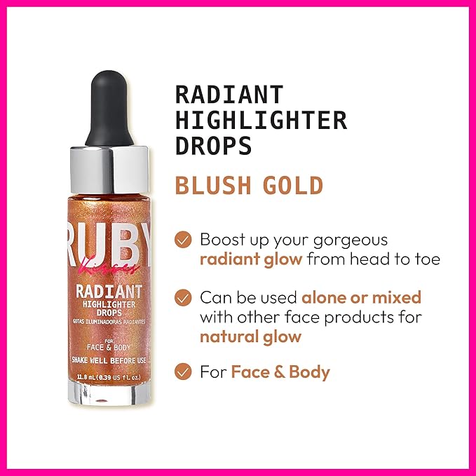 Ruby Kisses Radiant Drops, Shimmer Liquid Highlighter Makeup, (BLUSH GOLD)