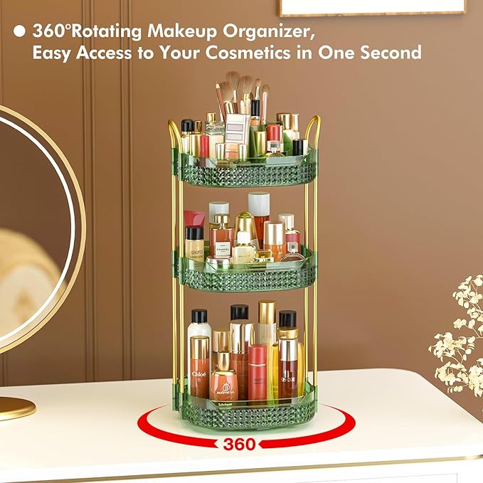 Awenia Rotating Makeup Organizer 360, Stackable Adjustable Large Capacity Cosmetic Storage Unit,Dresser Bathroom Kitchen Countertop Organizer with Metal Handle, Plus Size (Gem Green, 3 Tier)