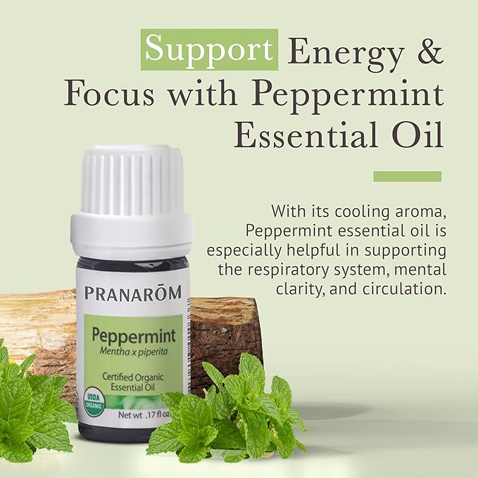 Pranarom USDA Certified Organic Peppermint Essential Oil (5ml), 100% Pure Undiluted Therapeutic Grade from India for Aromatherapy, Diffuser, Topical, Cooling, Massage & Relaxation