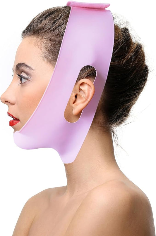 Post Surgical Chin Strap for Women，Neck & Chin Lipo Compression Garment，Anti Snoring Chin Strap，Reusable Silicone Chin Strap (Pink)