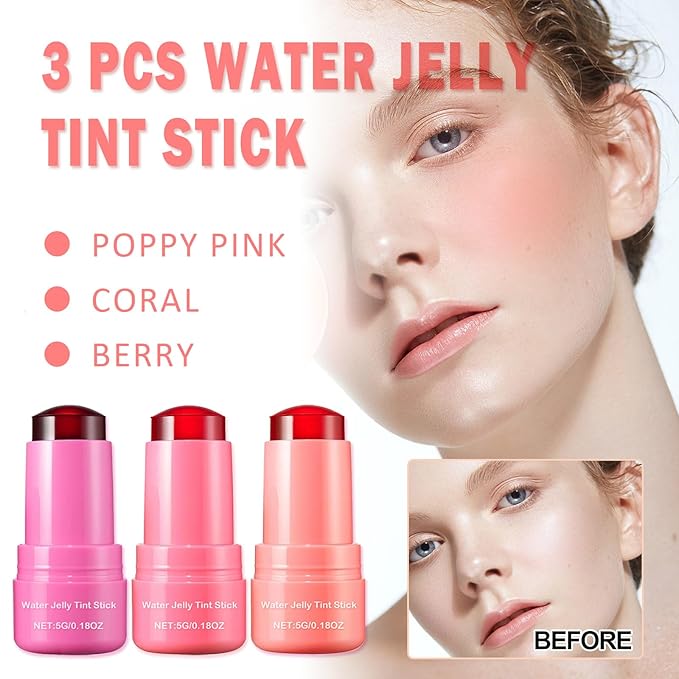 3 PCS Cooling Water Jelly Tint/Blush,Chill (Poppy Pink+Coral+Berry) Lip
