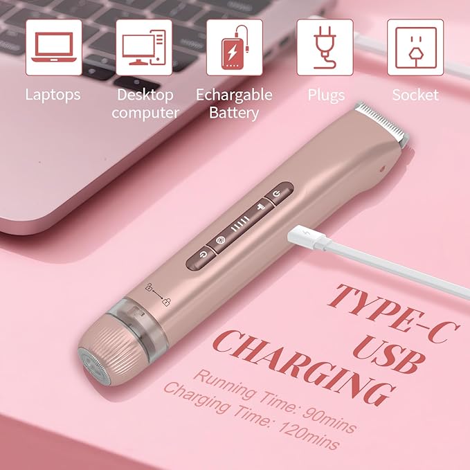 Bikini Trimmer for Women - 2025 New 2-in-1 Dual-Head Electric Shaver，Rechargeable Professional Painless Electric Razors, IPX7 Waterproof Body Hair Trimmer & Facial Hair Remover for Wet & Dry