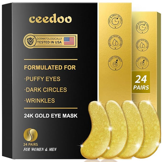 Eye Gel Pads - 24 Pairs Golden Under Eye Patches with Collagen & Hyaluronic Acid, Anti-Aging Eye Mask for Puffiness, Dark Circles & Wrinkles, Relieve, Refreshing & Revitalize Skin