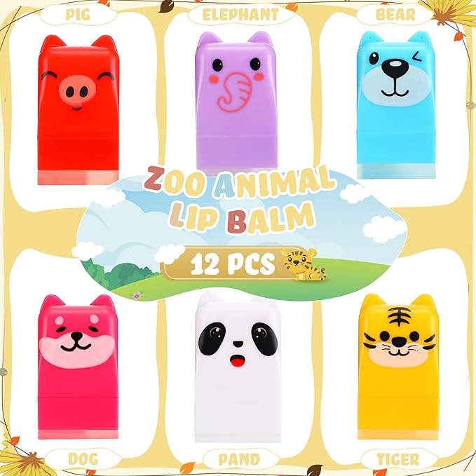 12 Pcs Farm Animals Birthday Lip Balm Gifts for Baby Shower Prizes Gift Baby Shower Favors Genger Reveal Gifts Zoo Theme Birthday Party Favors for Preschool Toddler Boy Girl Classroom Prizes