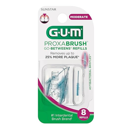 GUM Proxabrush Go-Betweens Refills - Moderate - Compatible with GUM Permanent Handle - Reusable Interdental Brushes - Soft Bristled Dental Picks, 8 Count (Pack of 6)