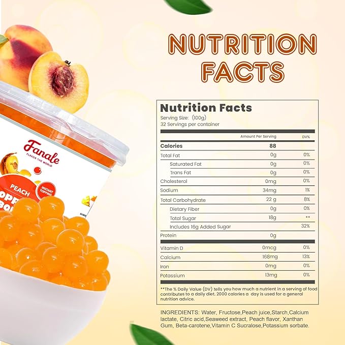 Fanale Peach Popping Boba Pearls, Vegan, Non GMO, Gluten Free, Fat Free, Perfect for Bubble Tea, Smoothies, Ice Cream, Desserts, and Beverages | FPB010
