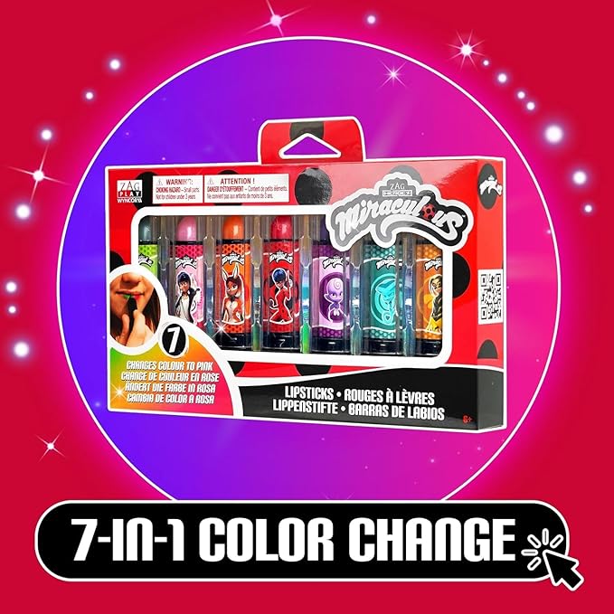 Miraculous Ladybug Cosmetic Lipstick Set - 7 Fruit Scented Color-Changing Lipsticks for Kids - Transforming Lipsticks Turn Pink - Magic Lipsticks Gift Set - Safe & Fun Makeup Kit