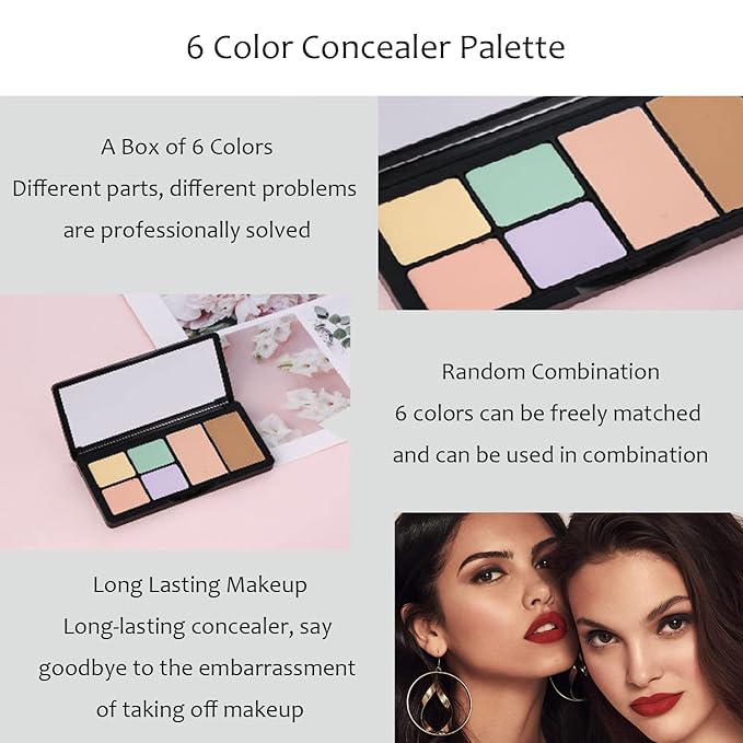 Concealer Contour Palette, 6 In 1 Color Correcting Concealer Contour Makeup Palette, Contouring Foundation Highlighting Makeup Kit for Dark Circles, Blemish With 2 Packs Brush (1#)